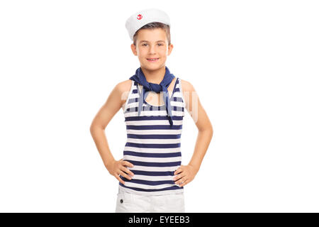 Cute little boy wearing a sailor costume and looking at the camera isolated on white background Stock Photo