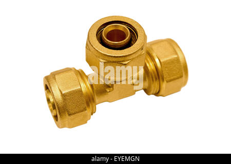 Brass tee to connect plastic pipes isolated on white background. Stock Photo
