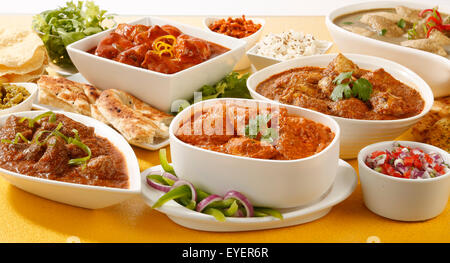 SELECTION OF INDIAN CURRY DISHES Stock Photo