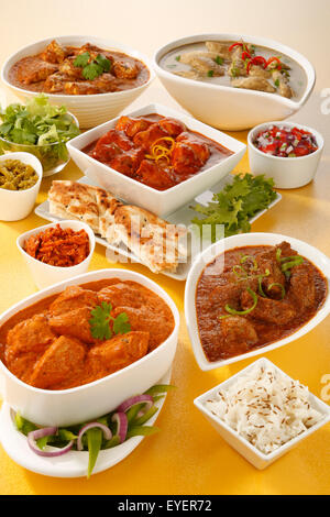 SELECTION OF INDIAN CURRY DISHES Stock Photo