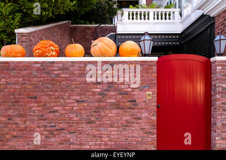 Halloween Pumpkins on top of a wall of a luxury house on Broadway in The Pacific Heights area of  San Francisco, California Stock Photo