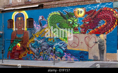 Chinese Dragons and a Bhudda  painted on a wall in Chinatown , San Francisco ,California Stock Photo