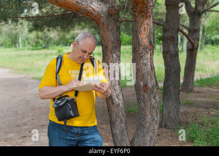 Mature man reading outdoor under the tree shadow Stock Photo