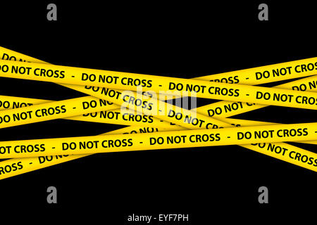 Yellow caution tape strips with text of do not cross, on black background. Stock Photo