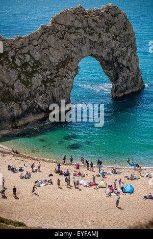 Aerial view of Durdle Door limestone arch on the Jurassic Coast with ...