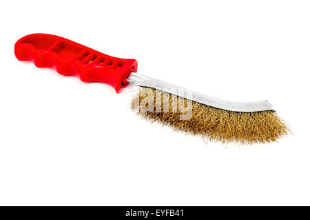 closeup of a wire brush with a red plastic handle on a white background Stock Photo