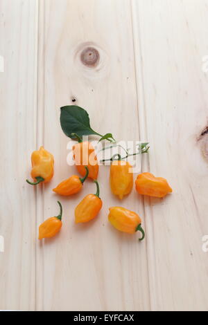 Habanero chillies on a wooden board Stock Photo