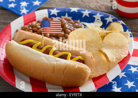 Hot-dog served with beans and chips on USA plate