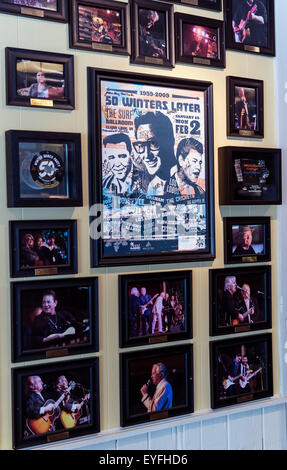 Clear Lake, Iowa, USA. 28th July, 2015. Memorabilia on the wall of the Surf Ballroom in Clear Lake, Iowa, the site of the last concert on the 1959 Winter Dance Party tour before the plane crash on Feb. 3 that took the lives of musicians BUDDY HOLLY, RITCHIE VALENS and J.P. ''THE BIG BOPPER'' RICHARDSON. The Surf, in business at its present location since 1948, has been lovingly maintained as one of the last remaining ballrooms in the midwest. © Brian Cahn/ZUMA Wire/Alamy Live News Stock Photo