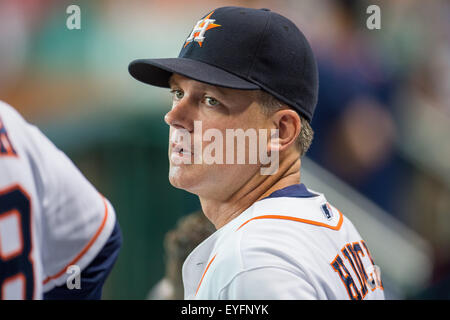 Houston, TX, USA. 28th July, 2015. Houston Astros manager A.J. Hinch (14) stands in the dugout during the 1st inning of a Major League Baseball game between the Houston Astros and the Los Angeles Angels at Minute Maid Park in Houston, TX. Trask Smith/CSM/Alamy Live News Stock Photo