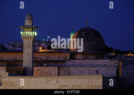 View at night of al-Fakhariyya Minaret and Al-Aqsa Mosque located on the Temple Mount or Haram esh-Sharif in the Old City East Jerusalem Israel Stock Photo
