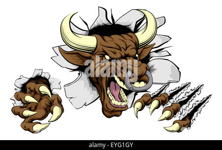 Bull sports mascot concept of a mean looking tough bull smashing through a wall Stock Photo