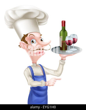 An illustration of a cartoon chef character holding a tray with a bottle of wine and two wine glasses and pointing Stock Photo