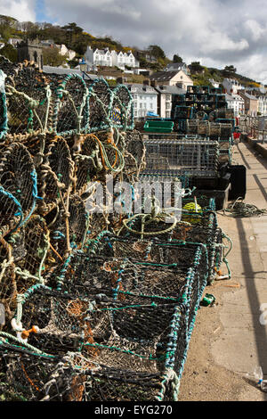 UK, Wales, Gwynedd, Aberdovey, harbour, lobster pots piled on quayside Stock Photo