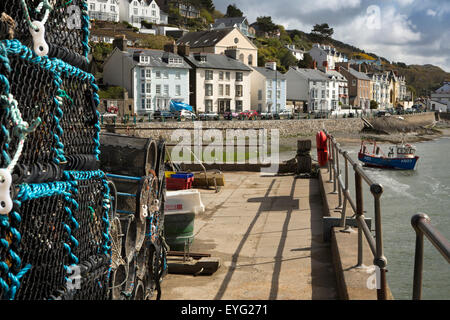 UK, Wales, Gwynedd, Aberdovey, harbour, lobster pots piled on quayside Stock Photo