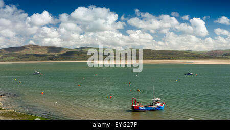 UK, Wales, Gwynedd, Aberdovey, boats moored in River Dovey estuary, panoramic Stock Photo