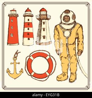 Sketch sea set in vintage style, vector Stock Vector
