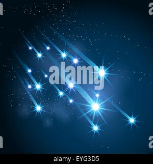 The Falling Meteors Rain. Glowing meteors against starry galaxy. Stock Vector