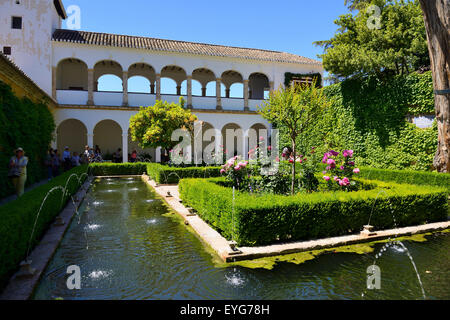 Water feature in Patio del Cipres de la Sultana in Generalife Palace in Granada, Andalusia, Spain Stock Photo