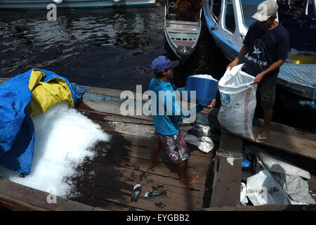 Ice used to preserve fish sold by the fishermen in canoes near the Adolpho Lisboa Market Stock Photo