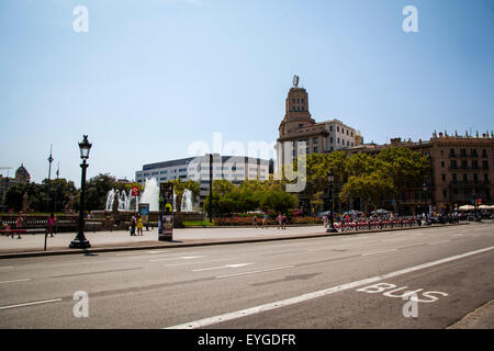 View of Placa de Catalunya (Catalonia Square). Catalonia square is a large square in central Barcelona that is generally conside Stock Photo