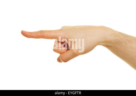 Side view of hand with pointing index finger isolated on white background Stock Photo