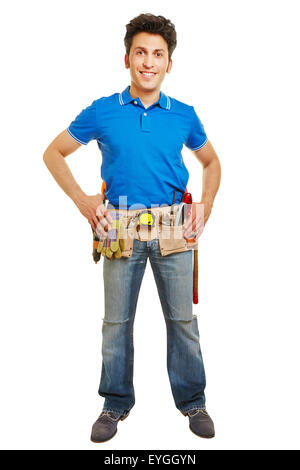 Happy handyman with tool belt isolated on a white background Stock Photo