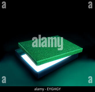 Green color gift box. Opened box against black background. Light effect inside. Clipping path on the box and inside Stock Photo