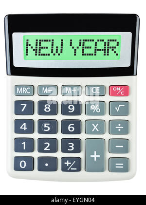 Calculator with NEW YEAR on display isolated on white background Stock Photo