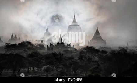 Night photos -Temples of Bagan with moon, Pagan, Mandalay, Myanmar. BURMA Stock Photo