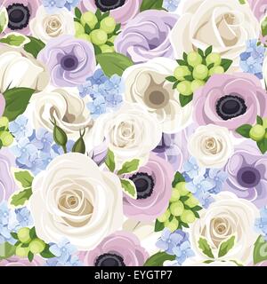 Vector seamless pattern with white roses, purple lisianthuses and anemones and blue hydrangea. Stock Vector