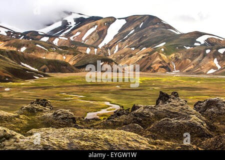 Landmannalaugar colorful mountains landscape view with traces of snow on the hills, Iceland Stock Photo