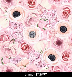 Seamless background with various pink flowers. Vector illustration. Stock Vector