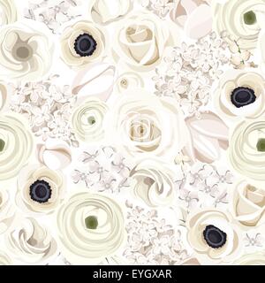 Seamless background with various white flowers. Vector illustration. Stock Vector