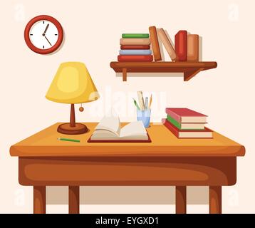 Table with books and lamp on it, shelf and clock. Vector interior. Stock Vector
