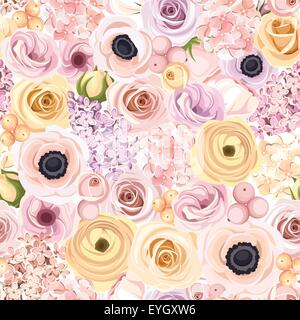 Seamless background with various colorful flowers. Vector illustration. Stock Vector