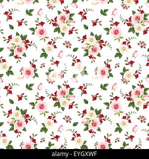 Vector seamless pattern with roses and freesia flowers. Stock Vector