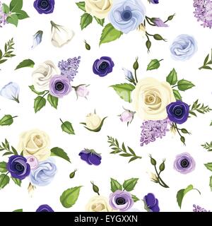 Seamless pattern with blue, purple and white roses, lisianthuses, anemones and lilac flowers. Vector illustration. Stock Vector