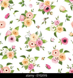 Seamless pattern with pink, orange and white roses, lisianthuses, anemones and ranunculus flowers. Vector illustration. Stock Vector