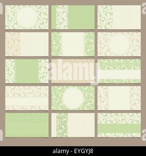 Set of green and beige business cards with floral patterns. Vector illustration. Stock Vector