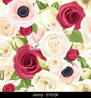Seamless background with red, pink and white flowers. Vector illustration. Stock Vector