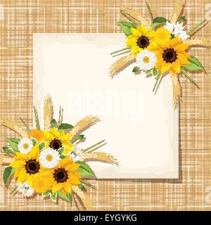 Vector card with sunflowers, daisy and ears of wheat on a sacking background. Eps-10. Stock Vector