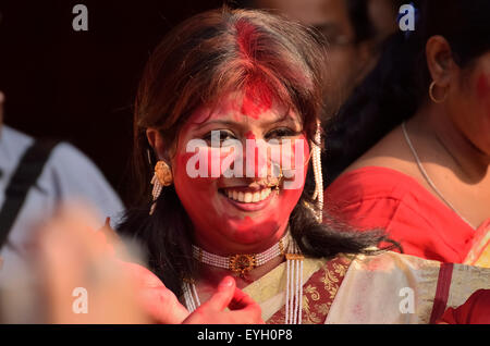Bengali married women participate in a festival called "Sindur Khela" Stock Photo