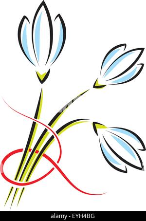 Vector bouquet of spring flowers on a white background. Crocuses or snowdrops with a red ribbon Stock Vector