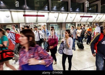 Spain,Europe,Spanish,MAD,Adolfo Suarez Madrid-Barajas Airport,international,interior inside,terminal,gate,people mover,shuttle train,passenger passeng Stock Photo