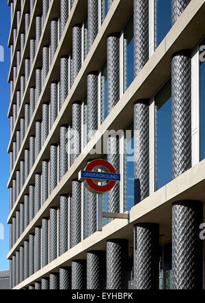 Tube sign on office building by David Chipperfield at Kings Cross. Commerical stock portfolio (continued), na, United Kingdom. Architect: na, 2015. Stock Photo