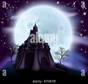 Halloween castle background with a spooky haunted castle and trees on a hill silhouetted against a full moon Stock Photo