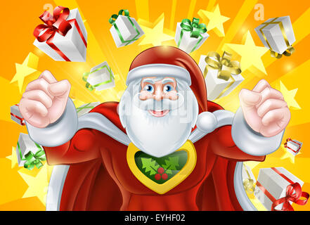 Cartoon Santa Claus Christmas superhero character with presents and stars in the background Stock Photo