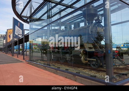 Old steam engine on display in front of shopping center Veturi, Kouvola Finland Stock Photo