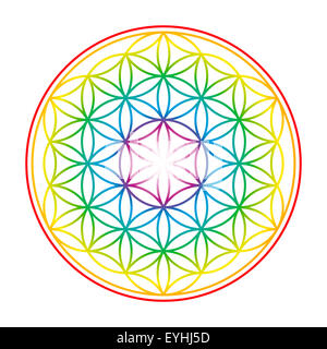 Flower of Life shown as an gently glowing rainbow colored symbol of harmony. Illustration on white background. Stock Photo